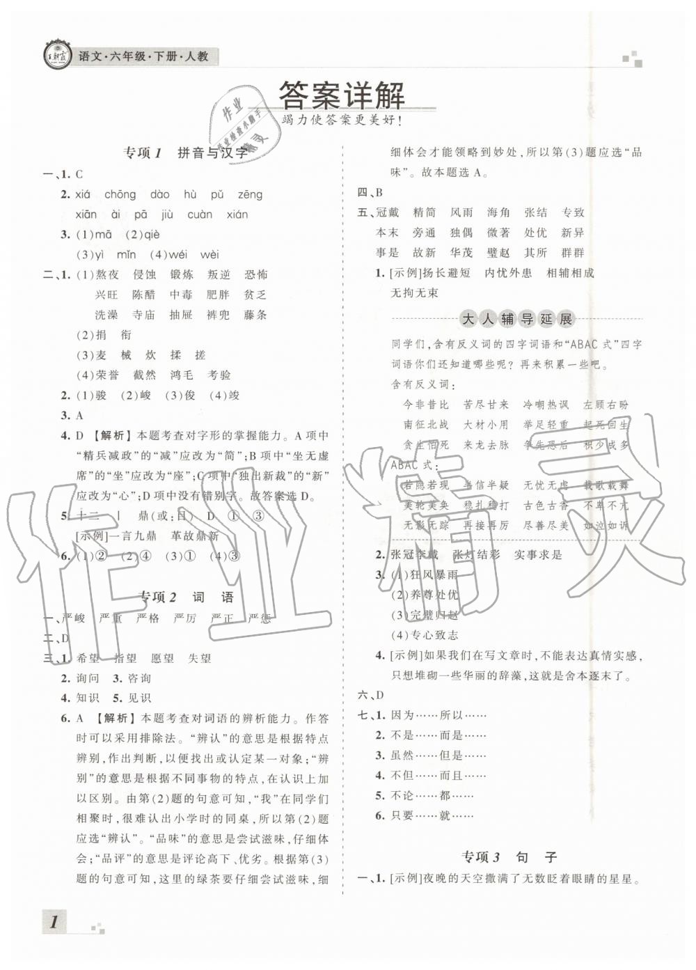 2019年王朝霞各地期末試卷精選六年級(jí)語文下冊(cè)人教版河南專版答案