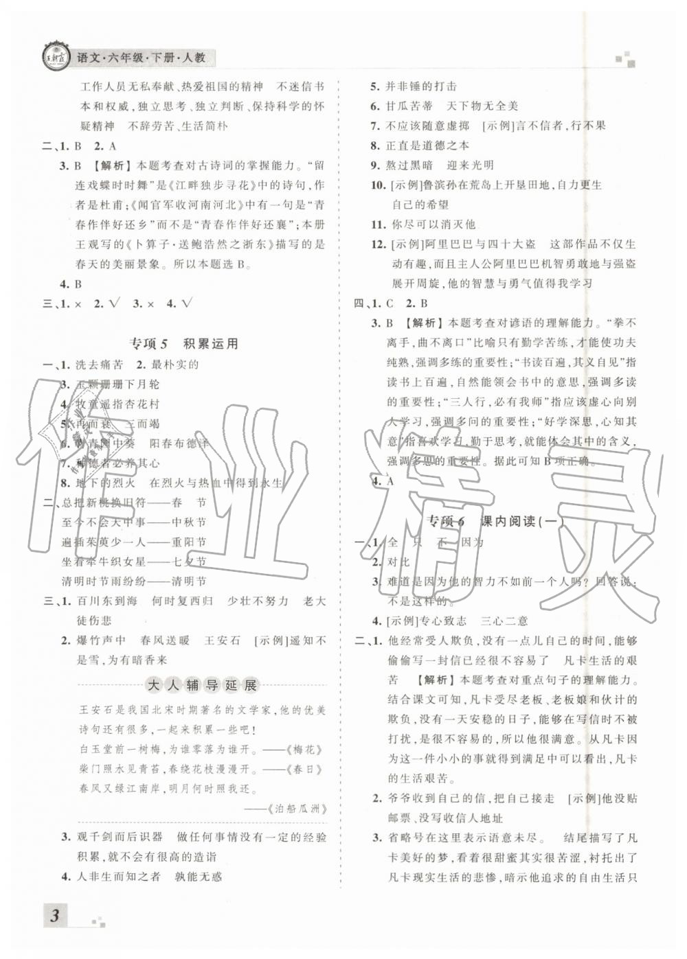 2019年王朝霞各地期末試卷精選六年級(jí)語文下冊(cè)人教版河南專版答案