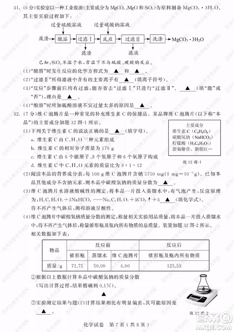 2019年蘇州市中考化學試題及參考答案