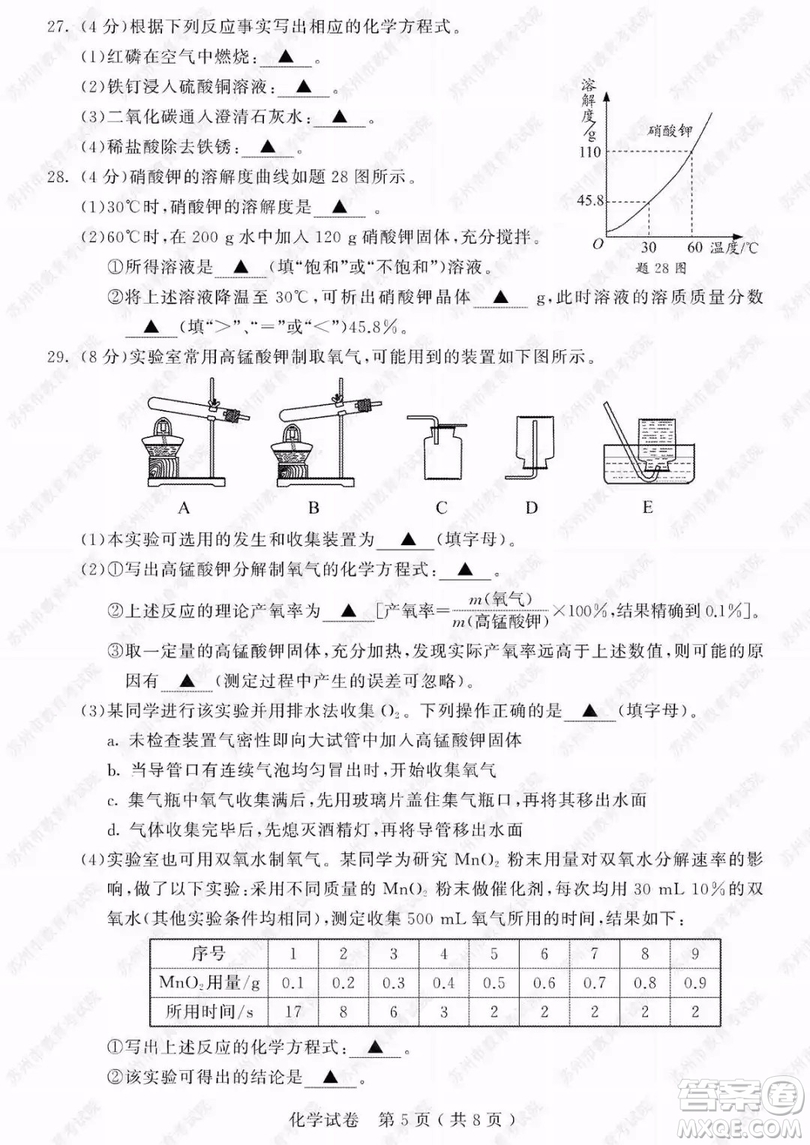 2019年蘇州市中考化學試題及參考答案