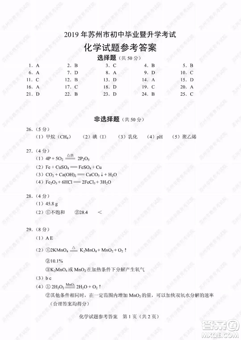 2019年蘇州市中考化學試題及參考答案