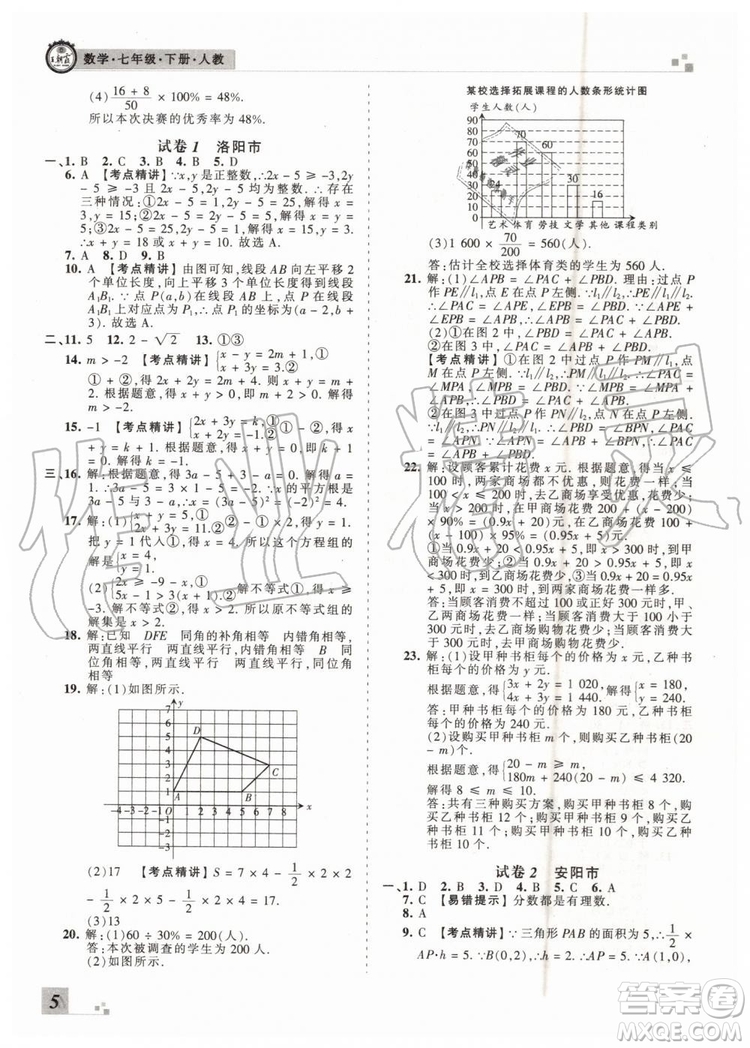 王朝霞各地期末試卷精選2019年七年級數學下冊人教版河南專版答案