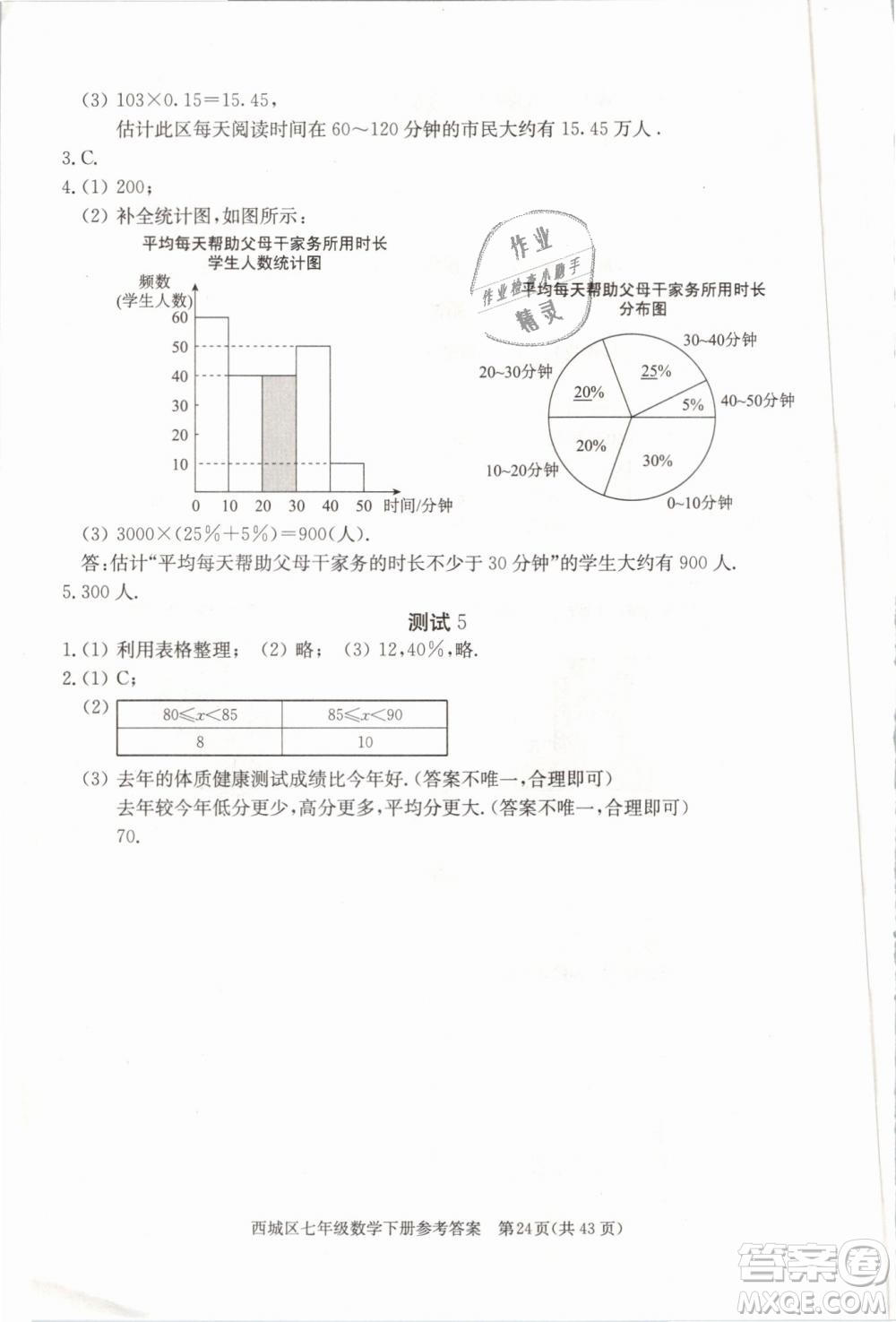 2019年北京西城學習探究診斷七年級數(shù)學下冊人教版參考答案