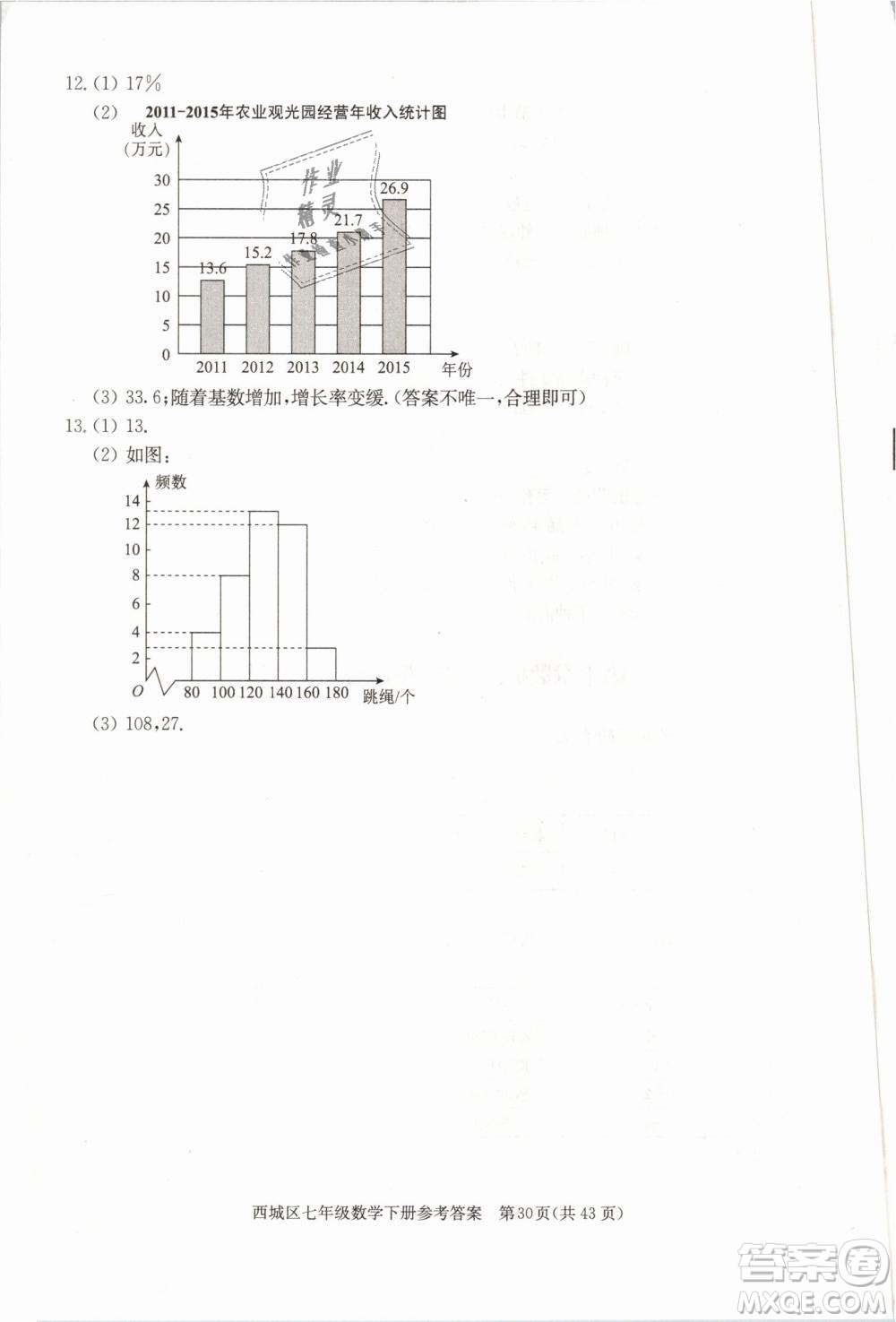 2019年北京西城學習探究診斷七年級數(shù)學下冊人教版參考答案