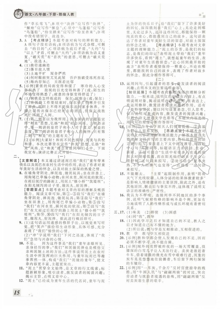 2019年王朝霞各地期末試卷精選八年級語文下冊人教版河南專版答案