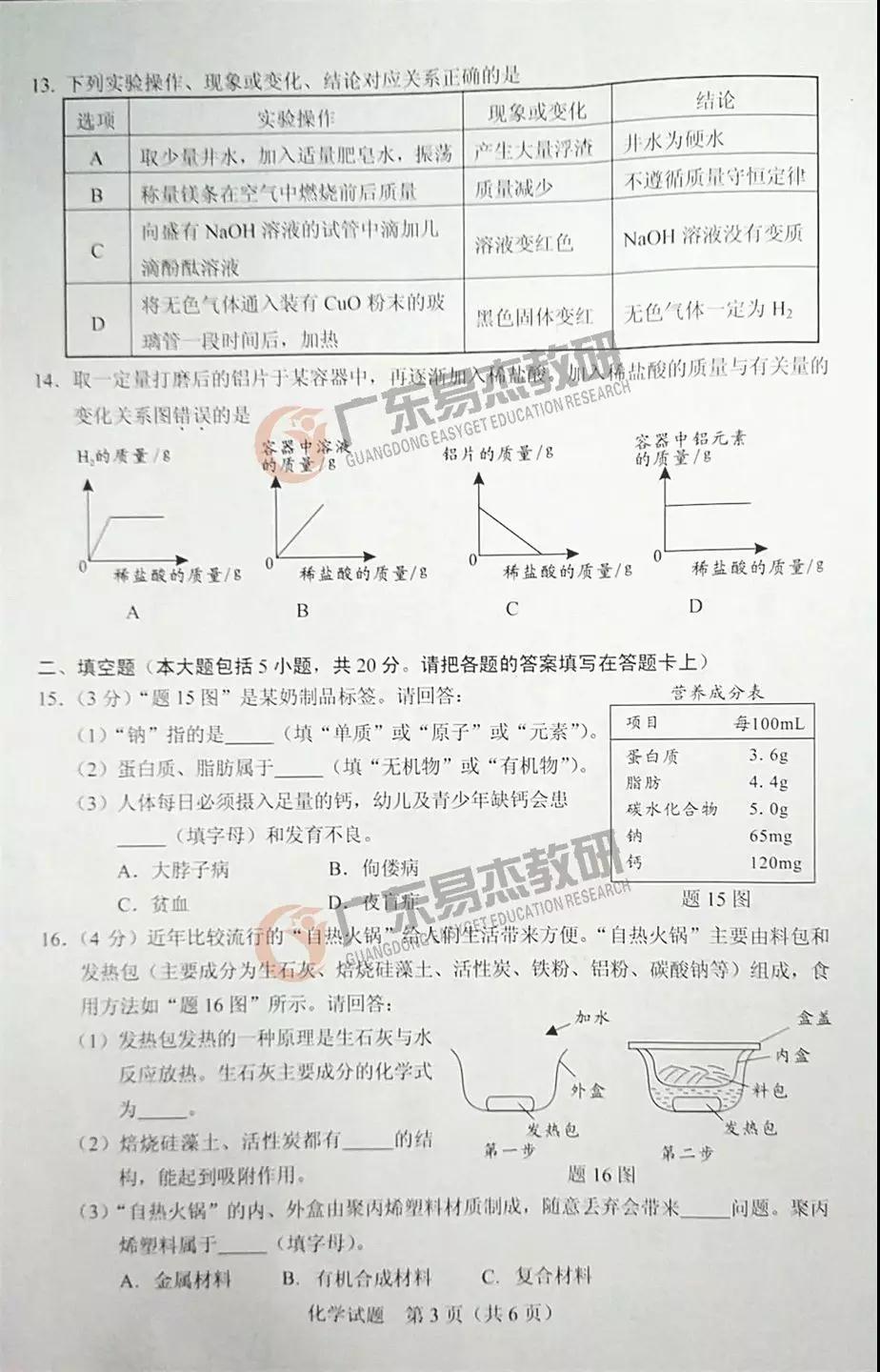 2019年廣東中考化學試卷及參考答案
