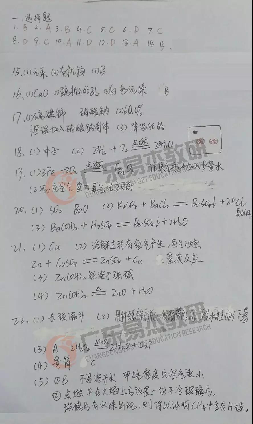 2019年廣東中考化學試卷及參考答案