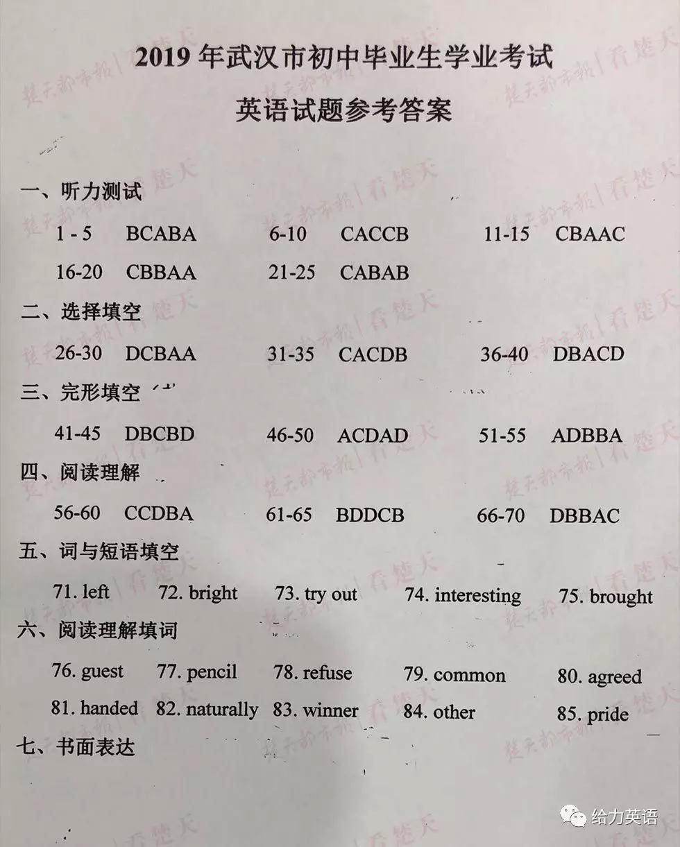 2019年武漢市中考真題英語(yǔ)試題和答案
