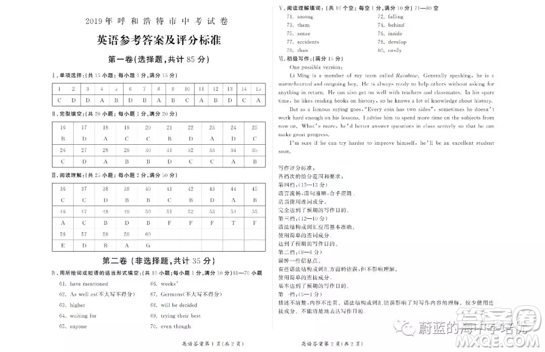 2019年呼和浩特市中考英語(yǔ)試題及答案