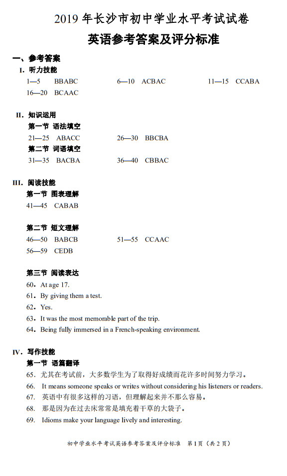 2019年長沙市中考試卷英語參考答案及評分標準
