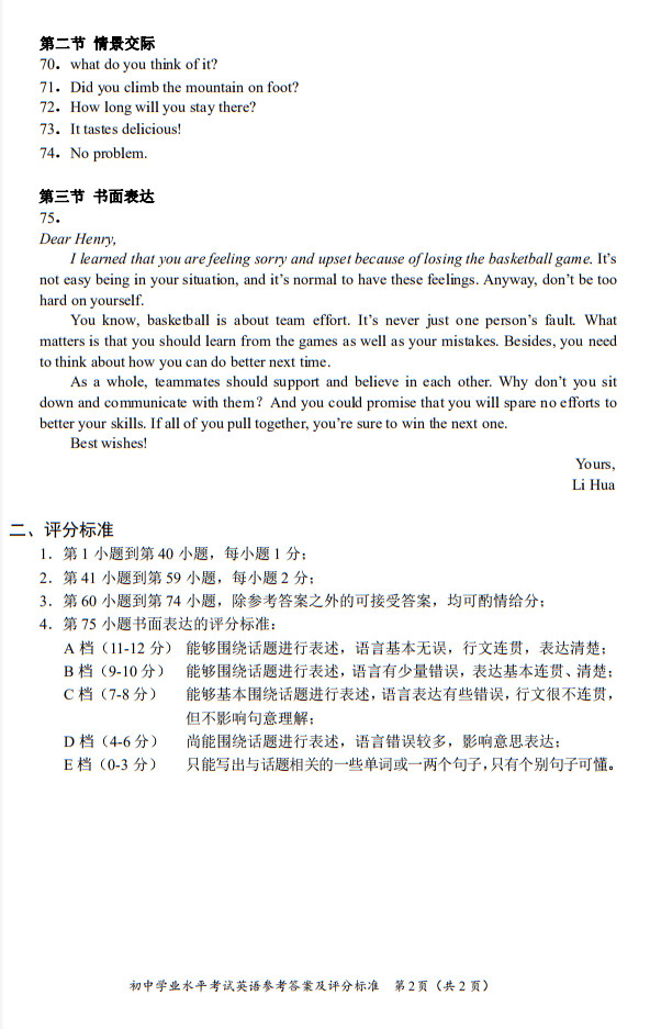 2019年長沙市中考試卷英語參考答案及評分標準