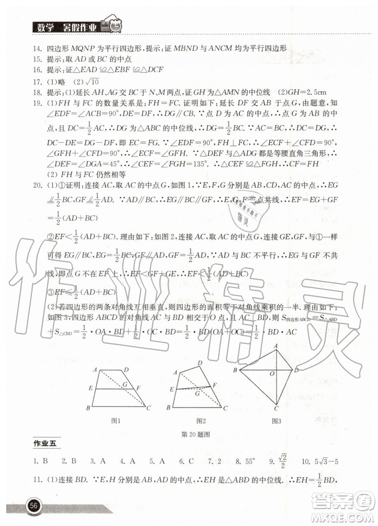 2019年長江作業(yè)本暑假作業(yè)初中八年級數(shù)學人教版參考答案