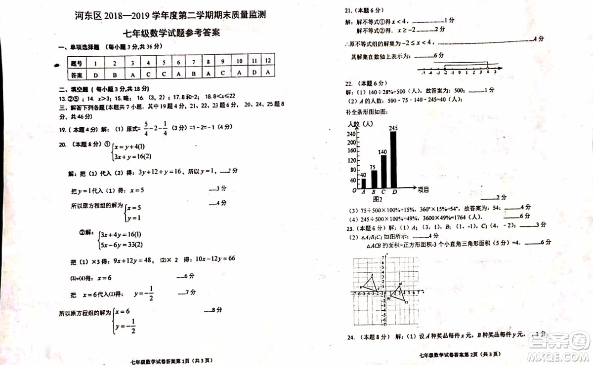 2019年天津市河東區(qū)七年級下學期數學期末考試試題及答案