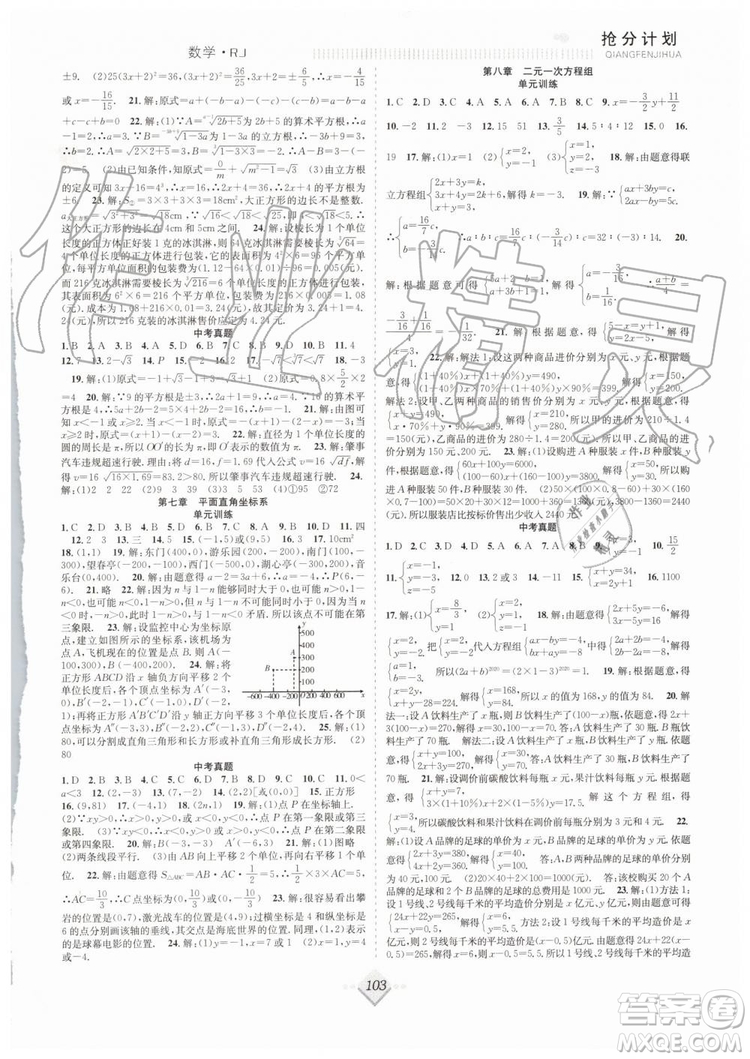 2019年贏在暑假搶分計(jì)劃七年級(jí)數(shù)學(xué)RJ人教版參考答案