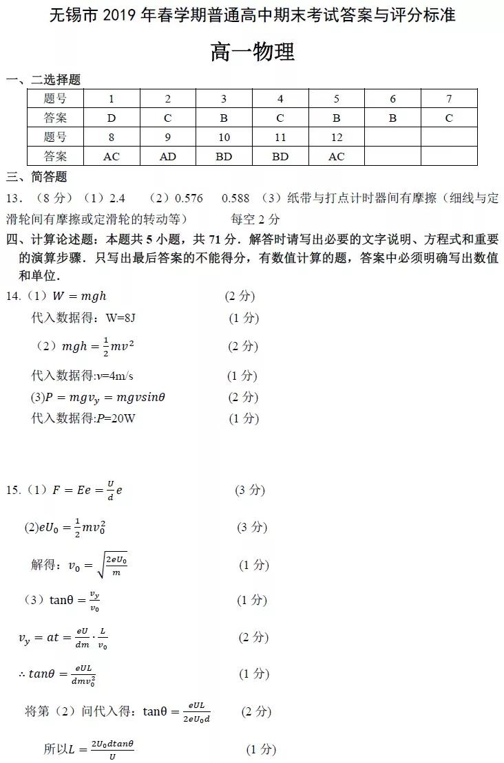 2019年6月無錫市期末統(tǒng)考試題高一物理化學(xué)試題及答案