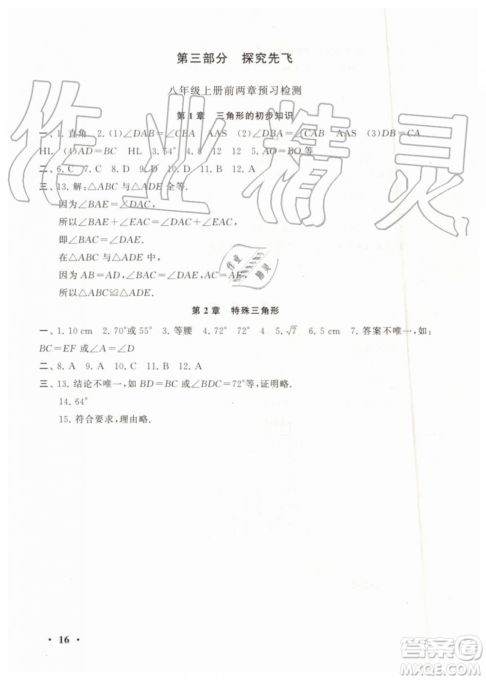 安徽人民出版社2019年初中版暑假大串聯(lián)七年級數學浙教版參考答案