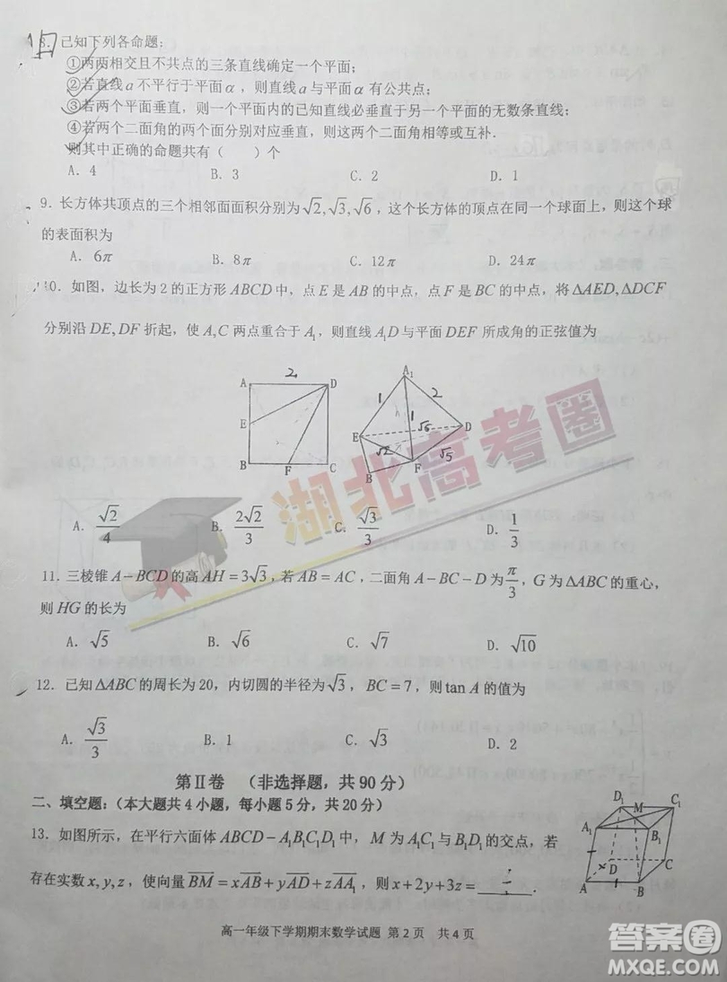 華中師大一附中2018-2019學年度下學期高一期末檢測數(shù)學試題及答案