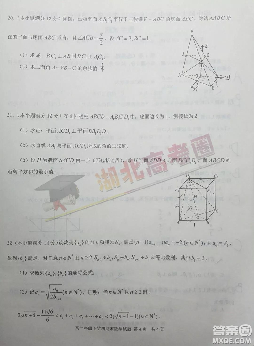 華中師大一附中2018-2019學年度下學期高一期末檢測數(shù)學試題及答案