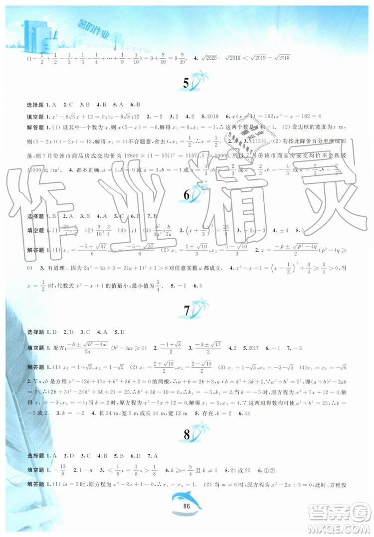 黃山書社2019版暑假作業(yè)八年級數(shù)學(xué)滬科版參考答案