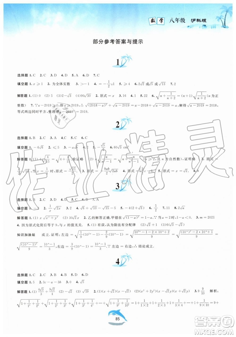 黃山書社2019版暑假作業(yè)八年級數(shù)學(xué)滬科版參考答案