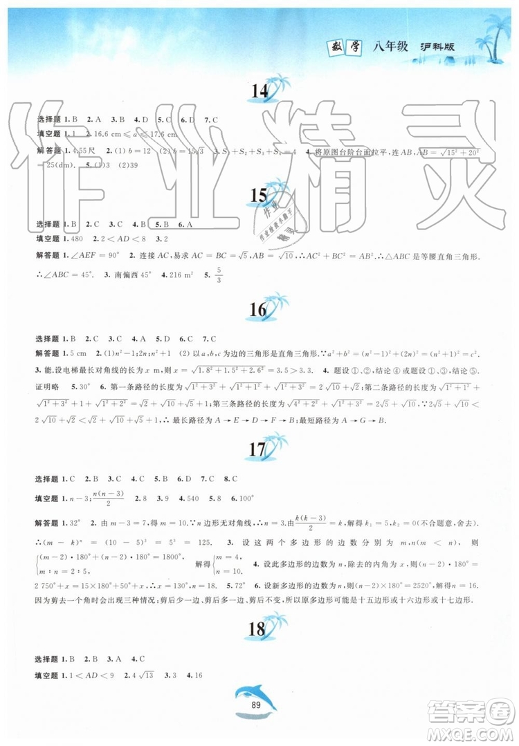 黃山書社2019版暑假作業(yè)八年級數(shù)學(xué)滬科版參考答案