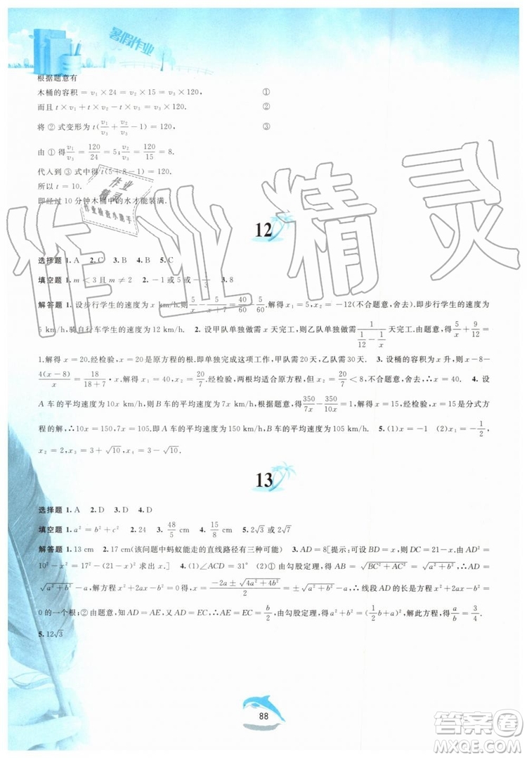 黃山書社2019版暑假作業(yè)八年級數(shù)學(xué)滬科版參考答案
