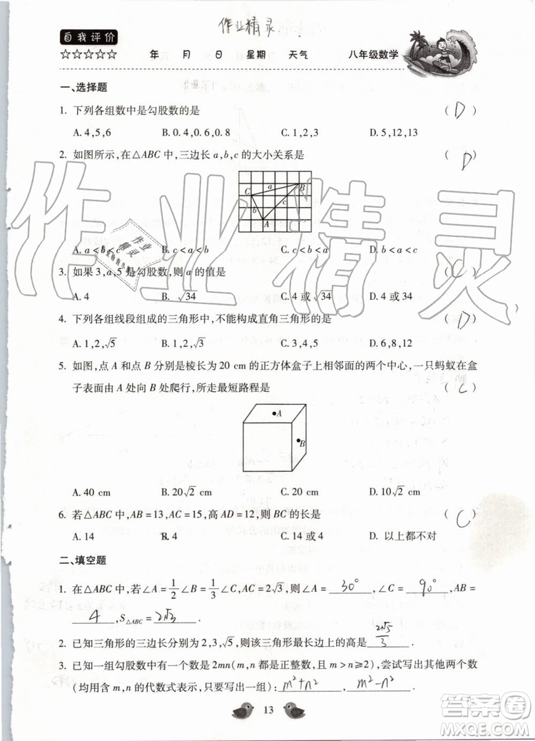 北京教育出版社2019年暑假樂園八年級數(shù)學(xué)人教版河南專用參考答案