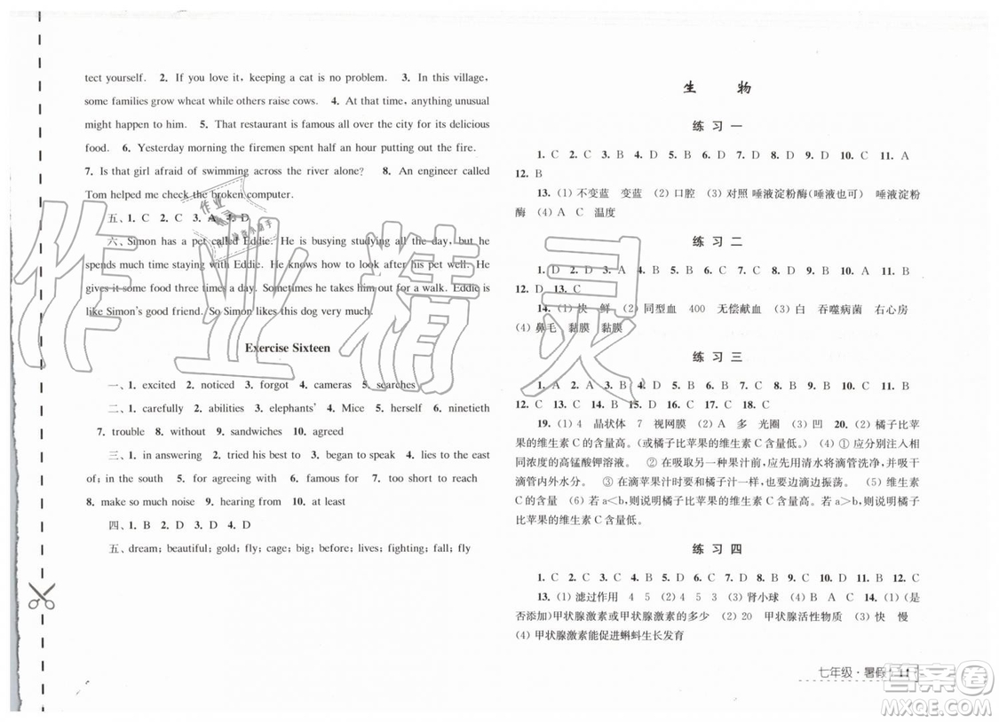 江蘇人民出版社2019年學(xué)習(xí)與探究暑假學(xué)習(xí)七年級(jí)參考答案