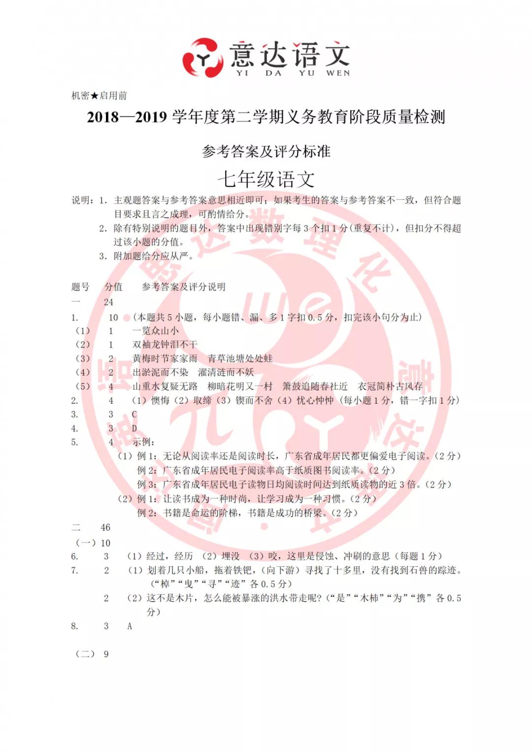 2019年珠海市七年級(jí)期末語(yǔ)文考試答案