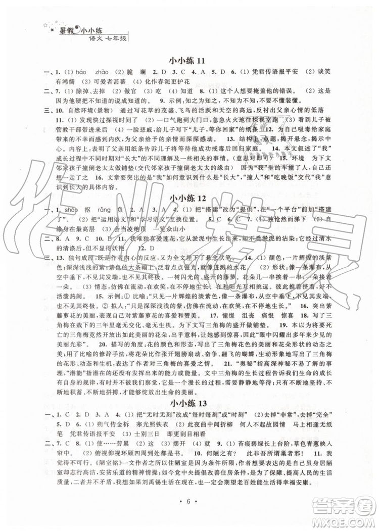 2019年暑假小小練七年級語文數(shù)學英語合訂本參考答案