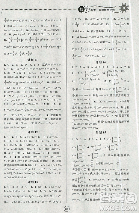 2019年期末暑假提優(yōu)計劃數(shù)學(xué)七年級國標蘇科版參考答案