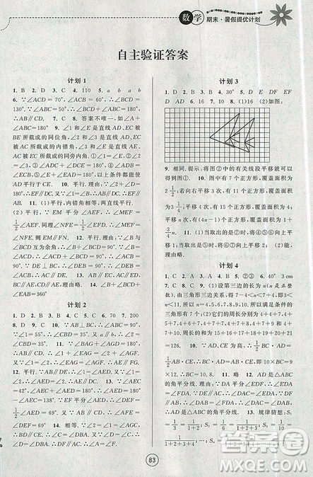 2019年期末暑假提優(yōu)計劃數(shù)學(xué)七年級國標蘇科版參考答案