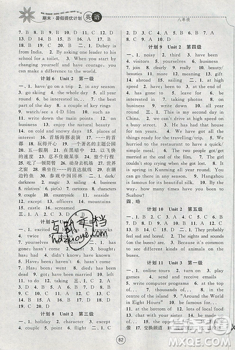 2019年蘇州專版期末暑假提優(yōu)計(jì)劃八年級(jí)英語(yǔ)下冊(cè)參考答案