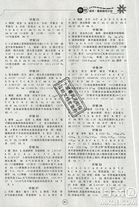 2019期末暑假提優(yōu)計劃八年級物理全一冊蘇科版答案