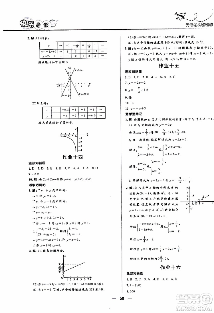贏在起跑線2019版中學生快樂暑假8年級數(shù)學人教版參考答案