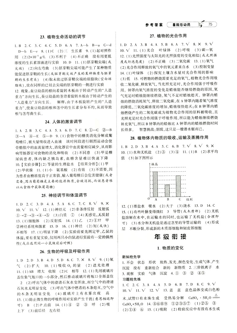 2019年經(jīng)綸學(xué)典暑假總動(dòng)員八年級(jí)科學(xué)浙教版ZJ參考答案