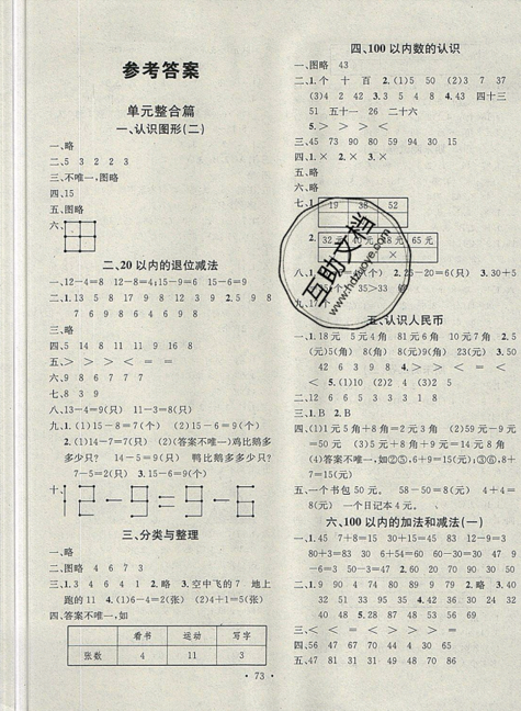 2019年學(xué)習(xí)總動(dòng)員暑假總復(fù)習(xí)一年級(jí)數(shù)學(xué)人教版RJ參考答案