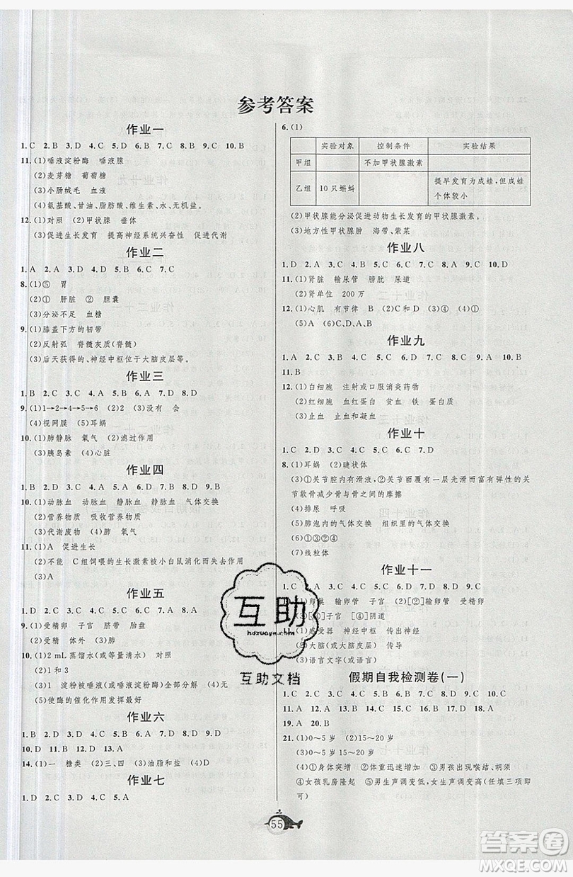 新疆美術(shù)攝影出版社2019績(jī)優(yōu)課堂快樂(lè)暑假七年級(jí)生物人教版答案