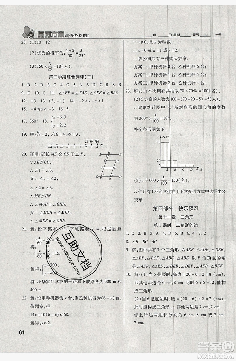2019鑫成長(zhǎng)樹(shù)復(fù)習(xí)方案暑假優(yōu)化作業(yè)七年級(jí)數(shù)學(xué)人教版答案