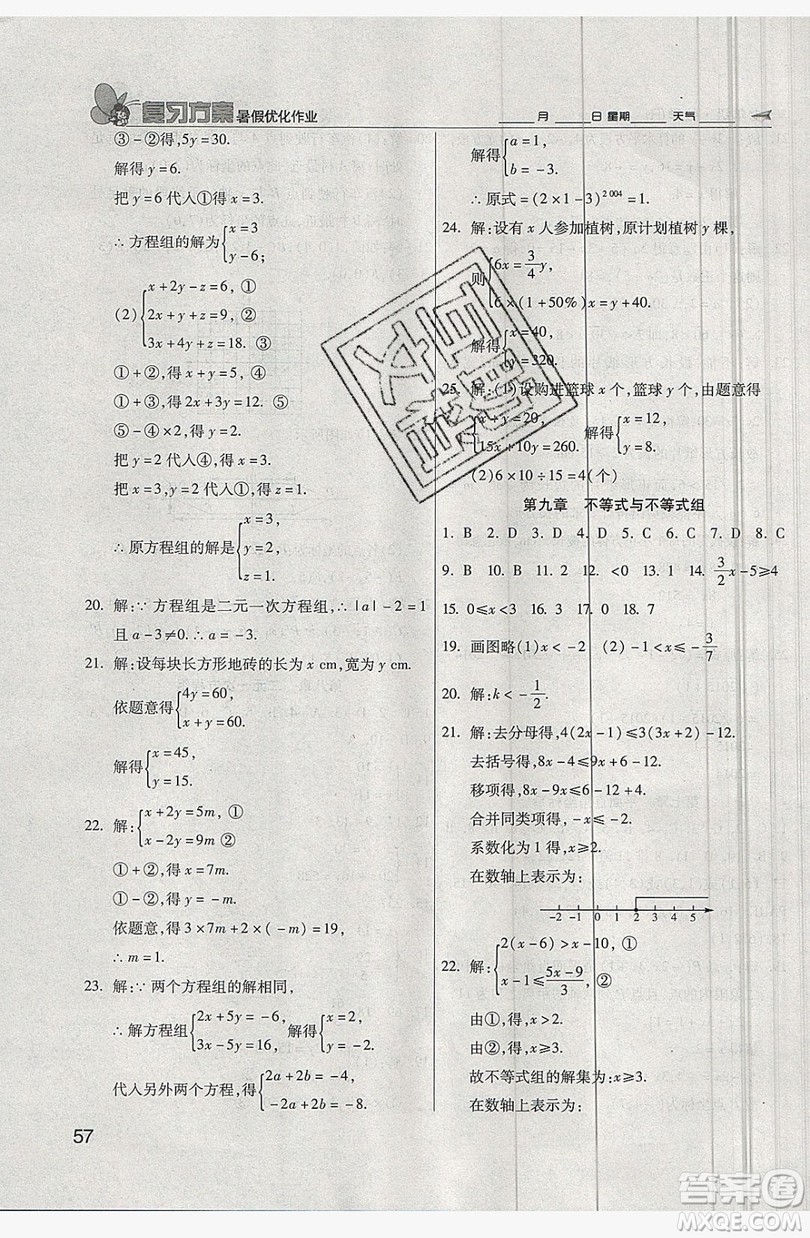 2019鑫成長(zhǎng)樹(shù)復(fù)習(xí)方案暑假優(yōu)化作業(yè)七年級(jí)數(shù)學(xué)人教版答案