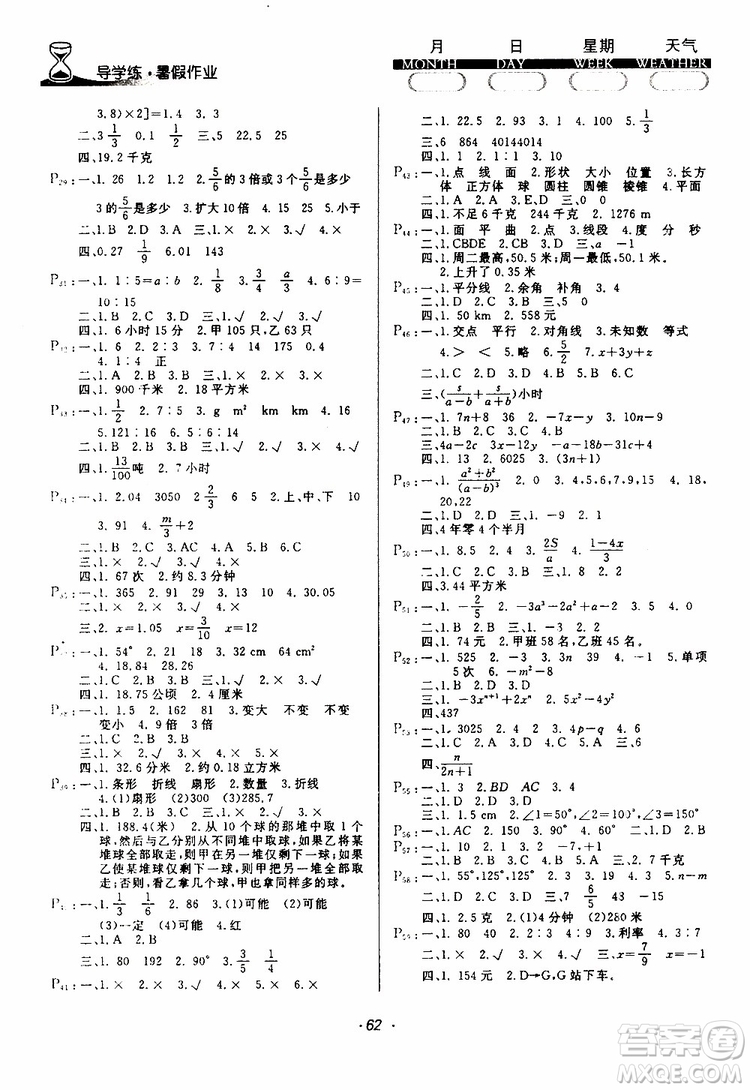 2019年初中預(yù)科版導(dǎo)學(xué)練暑假作業(yè)B數(shù)學(xué)六年級人教版參考答案