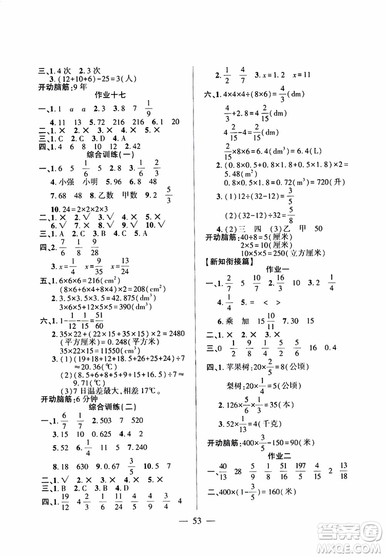 2019年金峰教育開(kāi)心作業(yè)暑假作業(yè)五年級(jí)數(shù)學(xué)RJ人教版參考答案
