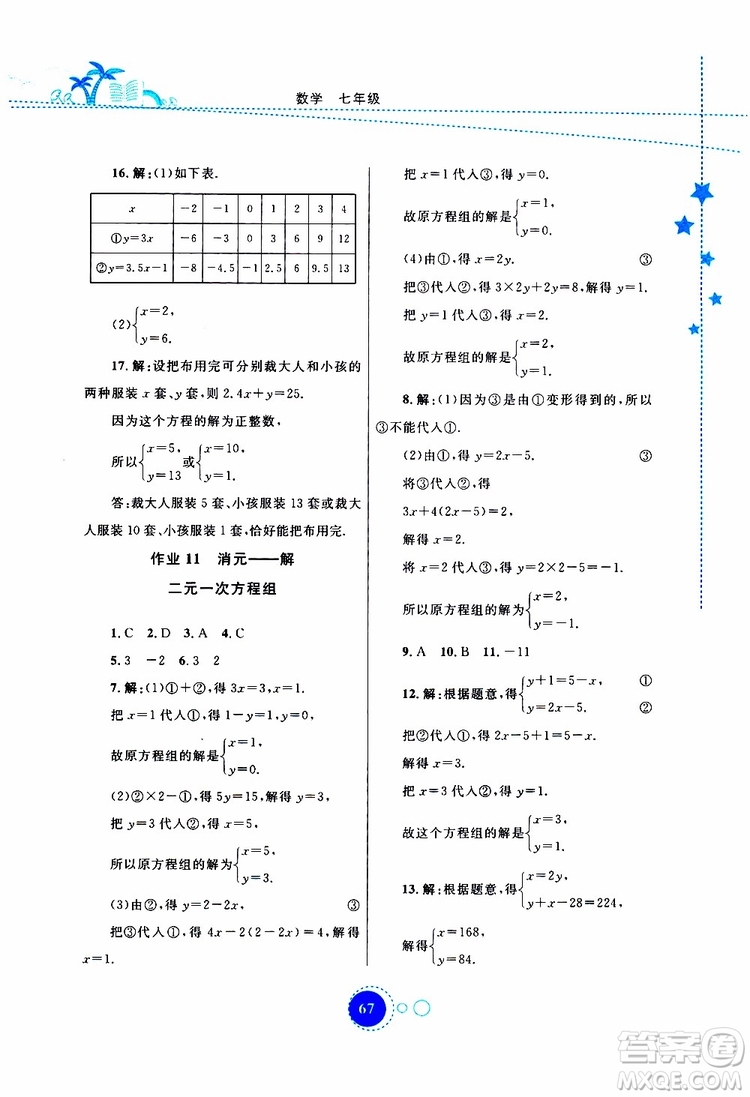 云教金榜2019年暑假作業(yè)七年級數(shù)學(xué)參考答案