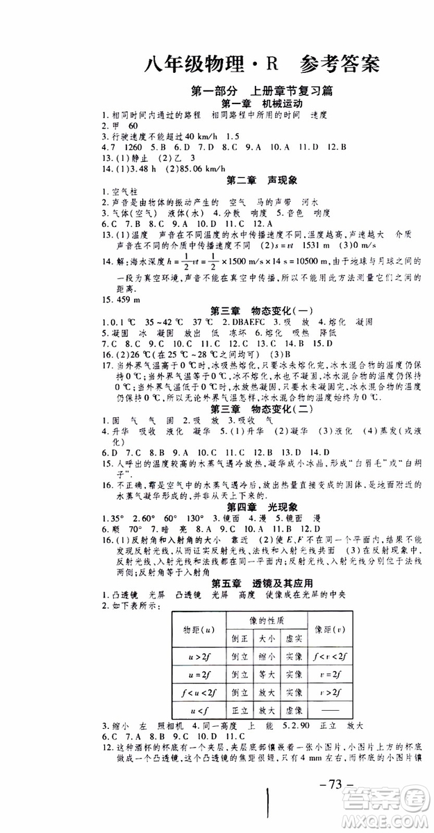 智趣暑假作業(yè)2019年學年總復習溫故知新8年級物理參考答案
