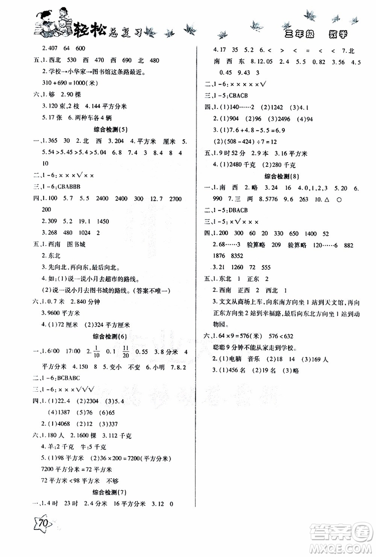 2019年輕松總復(fù)習(xí)假期作業(yè)三年級數(shù)學(xué)輕松暑假R人教版參考答案