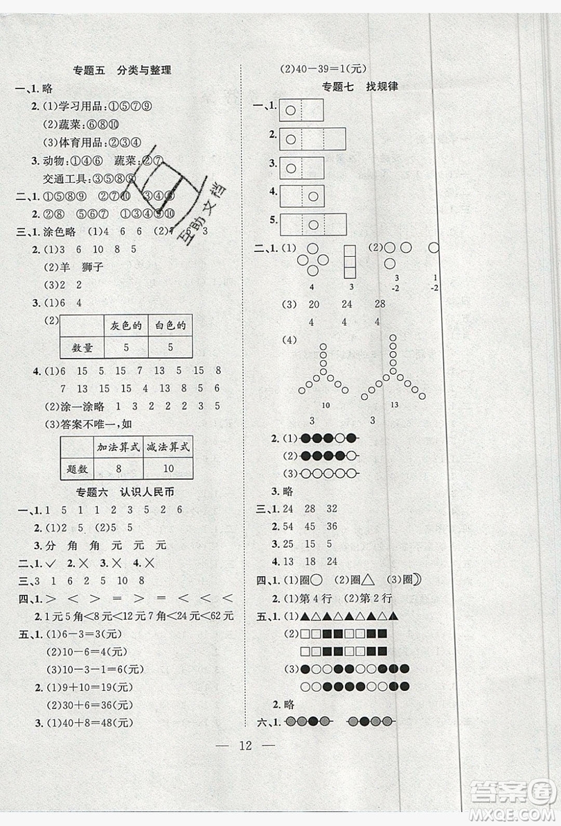 安徽文藝出版社2019假期訓(xùn)練營一年級數(shù)學(xué)人教版答案