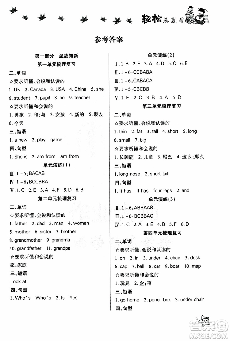 2019年輕松總復習假期作業(yè)三年級英語輕松暑假R人教版參考答案