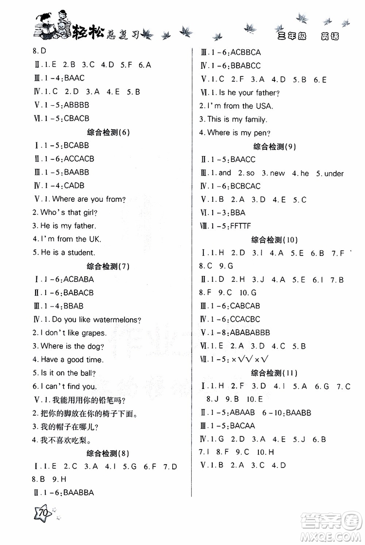 2019年輕松總復習假期作業(yè)三年級英語輕松暑假R人教版參考答案