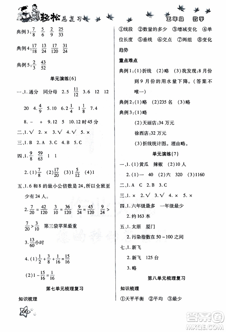2019年輕松總復習假期作業(yè)五年級數(shù)學輕松暑假R人教版參考答案