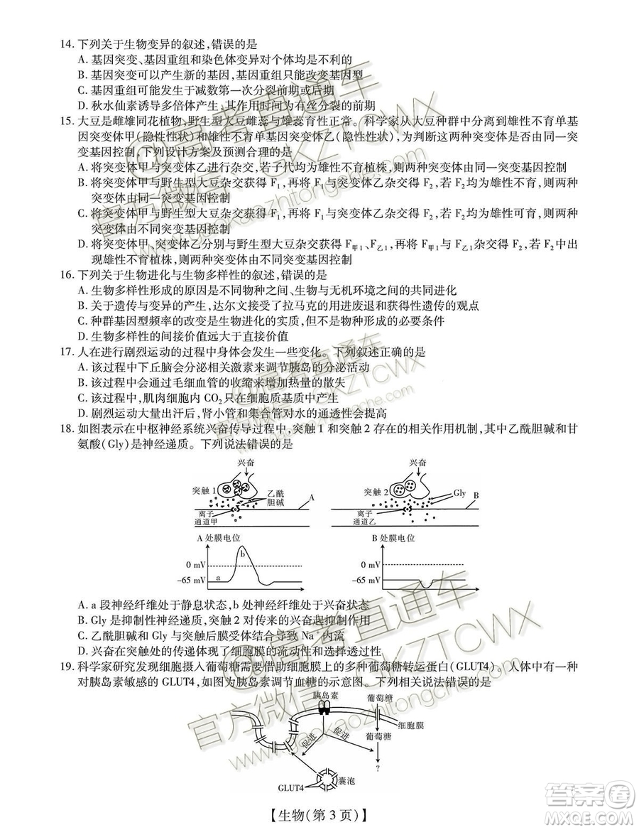 2020屆河南非凡吉創(chuàng)聯(lián)盟高三7月聯(lián)考生物試題及答案